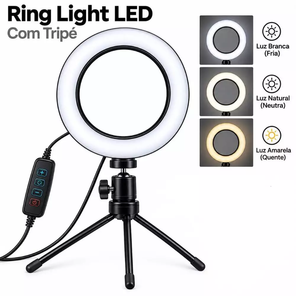 Ring Light Iluminador Selfie Makeup + Tripé De Mesa Luz Led 6 polegadas para Maquiador Youtuber