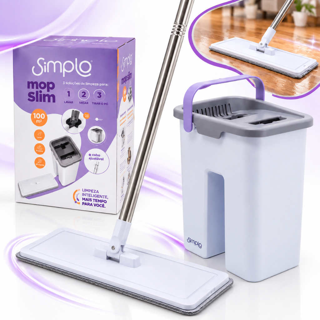 Mop Giratório Slim 360° Balde Compacto 5,7L Esfregão Simplo Cabo Regulável Microfibra Lavável Oikos