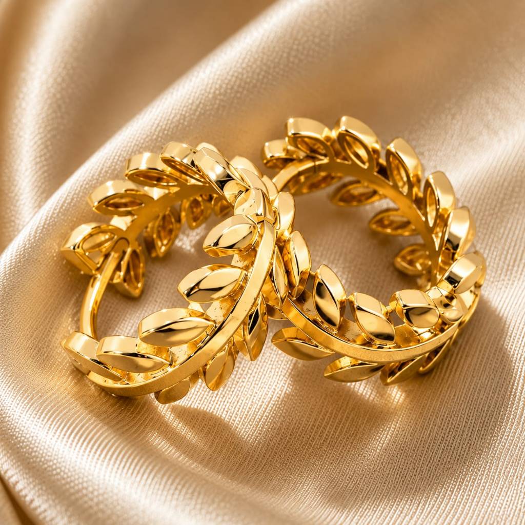 Brinco Argola Médio com Ramo de Folhas Delicadas Banhado a Ouro 18K