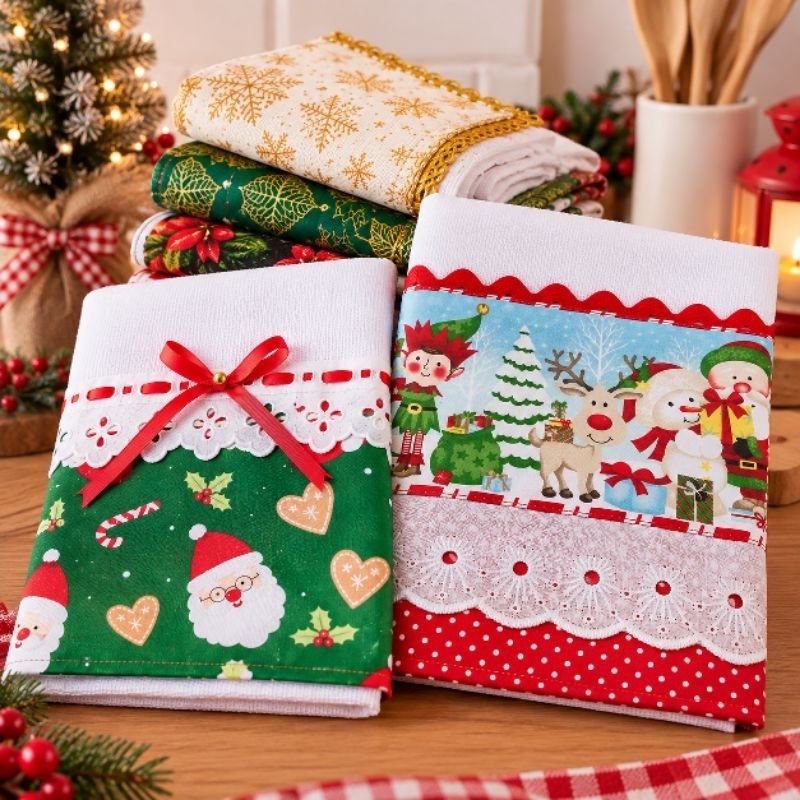 Kit 2 Panos de Prato Natalinos 100% Algodão | Presente de Natal
