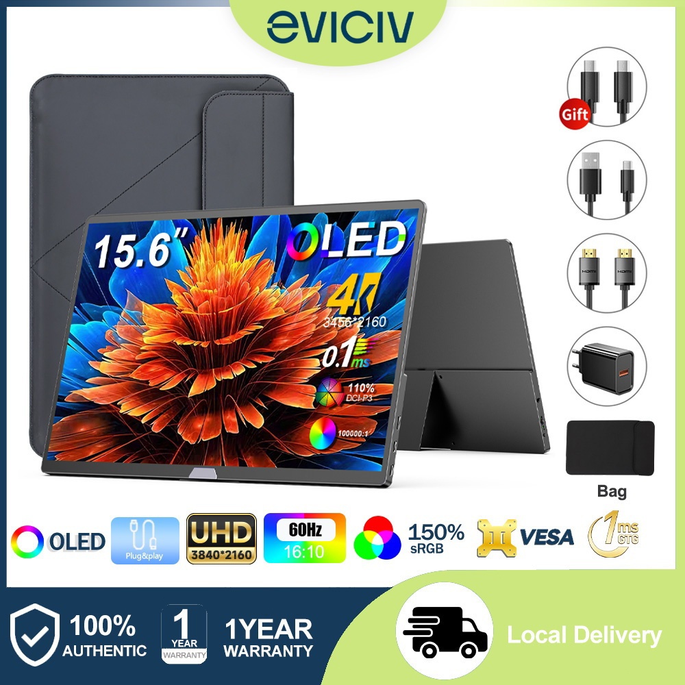 EVICIV Monitor Portátil OLED 15.6 Polegadas 4K UHD 110,9% DCI-P3/0.1ms/500Nits Compatível Notebook, Mac, PS5, Xbox