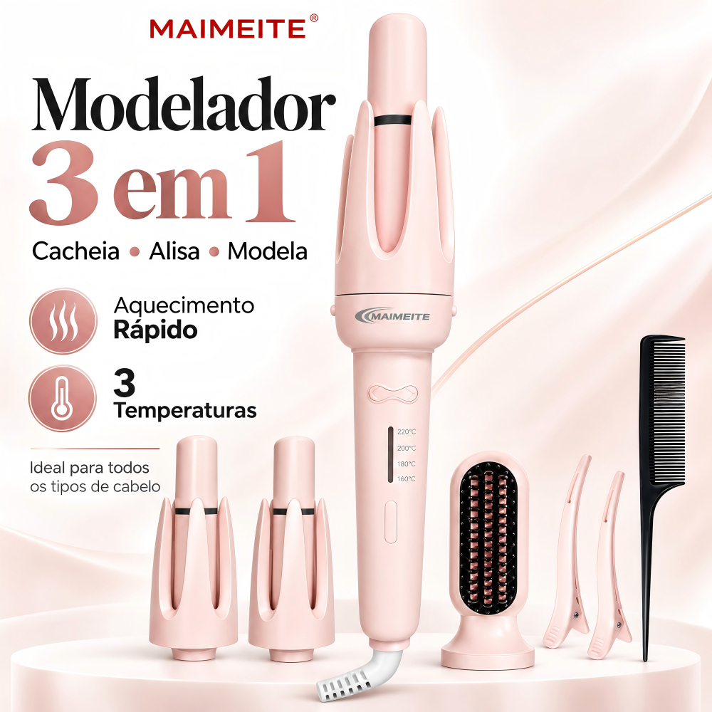 MAIMEITE Modelador de Cabelo 3 em 1 Automático 25mm 32mm e Pente Alisador Bivolt 4 Temperaturas Cerâmica Íons