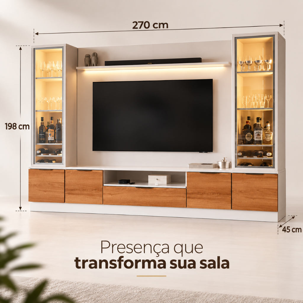 Estante Home Noble 2,70m Para TV Até 75” Com 2 Cristaleiras LED Portas Reflecta 198x270cm Sala Luxo · foto 2