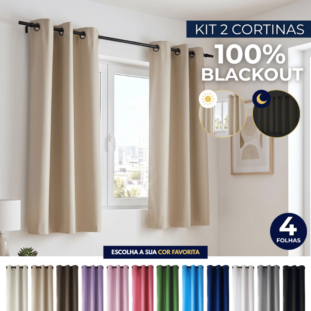 Kit 2 Cortina Blackout PVC Corta Luz Janela 2,20mx1,30m Quarto Escritório Resistente Várias Cores