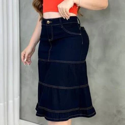 Saia Jeans Midi 3 Marias Feminina Cintura Alta Evasê Azul Escuro com Elastano