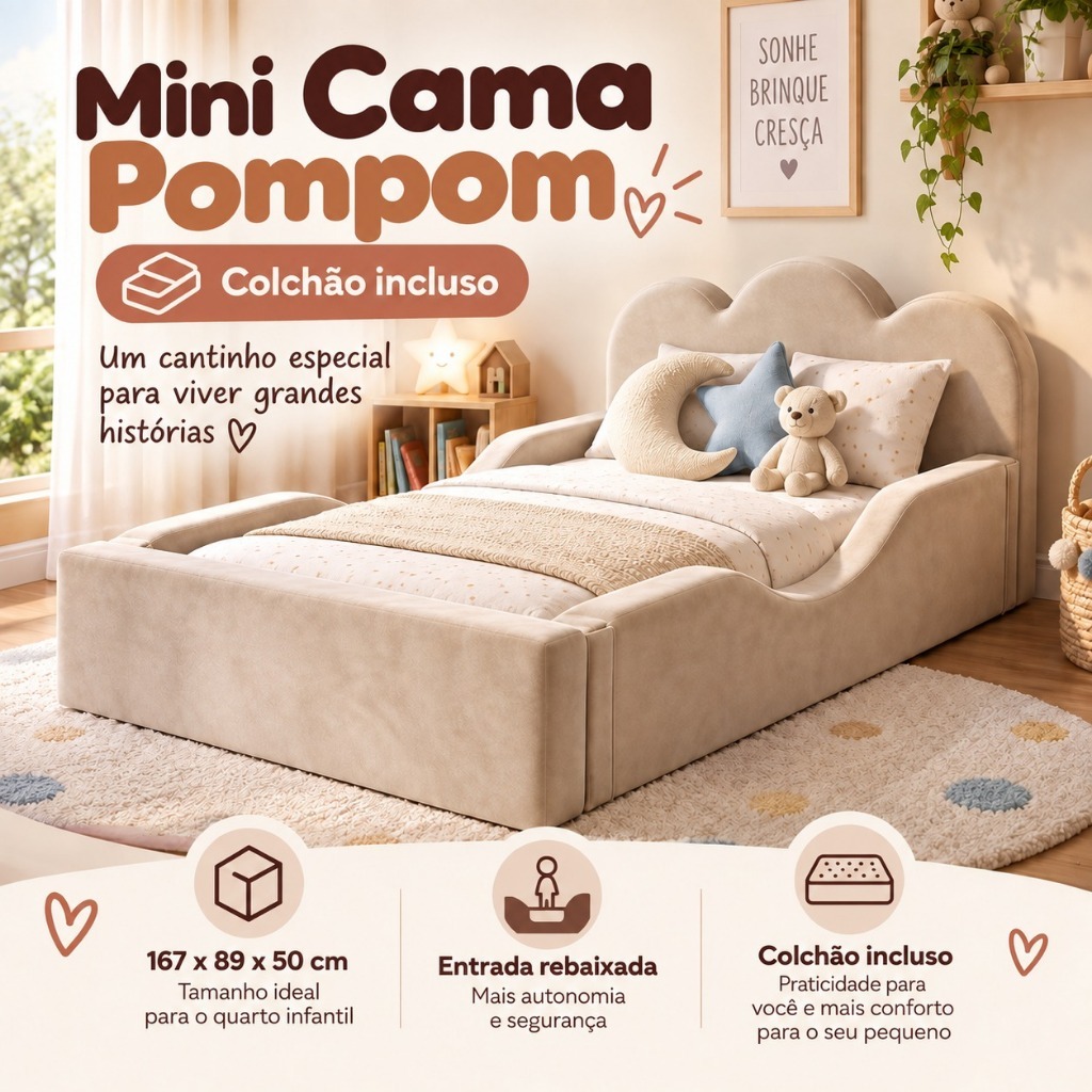 Mini Cama Infantil Montessoriana Pompom Espuma D26 Soft Proteção Lateral Bege Rosa Azul Com Colchão 150X70x7 - AV