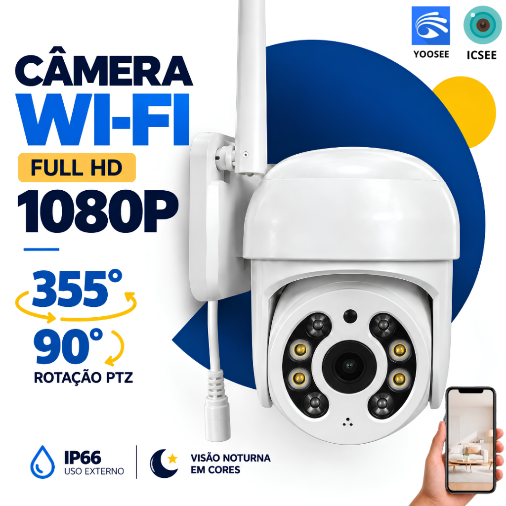 Câmera de Segurança Externa Wi-Fi PTZ 1080P Full HD Visão Noturna Colorida 2.4GHz iCSee ou Yoosee
