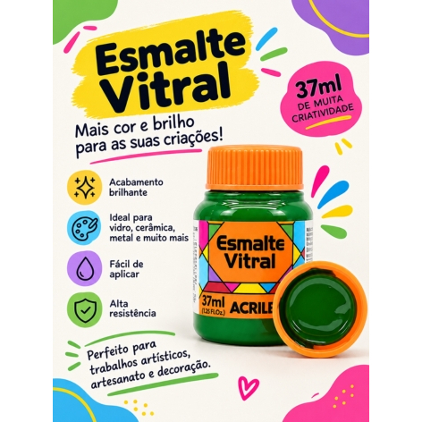 TINTA ESMALTE VITRAL ACRILEX 37ml PARA VIDRO, ESPELHO, GESSO, CERÂMICA E MUITO MAIS
