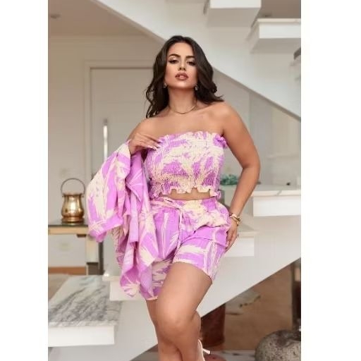 Conjunto Feminino Serena 3 Peças Kimono Top Cropped e Short Estampado Verão
