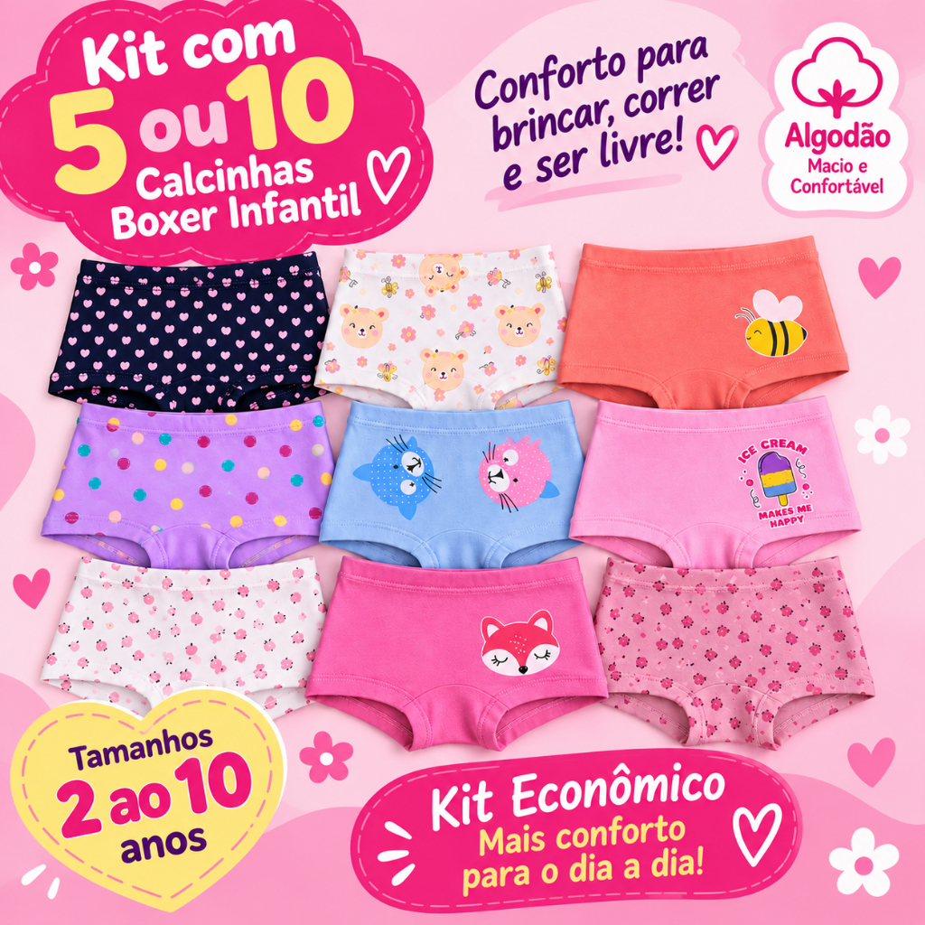 Kit 5 ou 10 Calcinhas Boxer Infantil Menina Algodão Forro Duplo Tamanhos 2 a 10