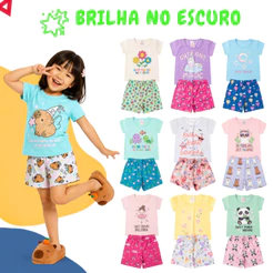 Kit 2 Peças Pijama Infantil Menina Brilha no Escuro Verão Roupa Feminino 1 ao 8
