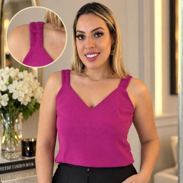 Blusa Feminina Decote V com Alça Elástica Tecido Duna Regata Social Elegante Básica Lisa Confortável Envio Imediato