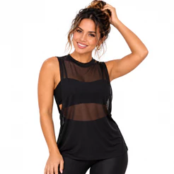Regata Feminina Tule Transparente Academia Fitness Cavada Aberta nas Laterais