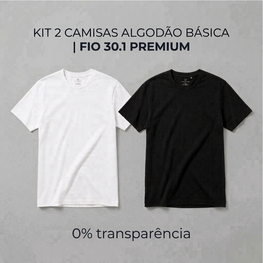 Kit 2 Camiseta Masculina Básica 100% Algodão Premium Lisa  Elastano Gola Redonda Conforto Dia a Dia Trabalho