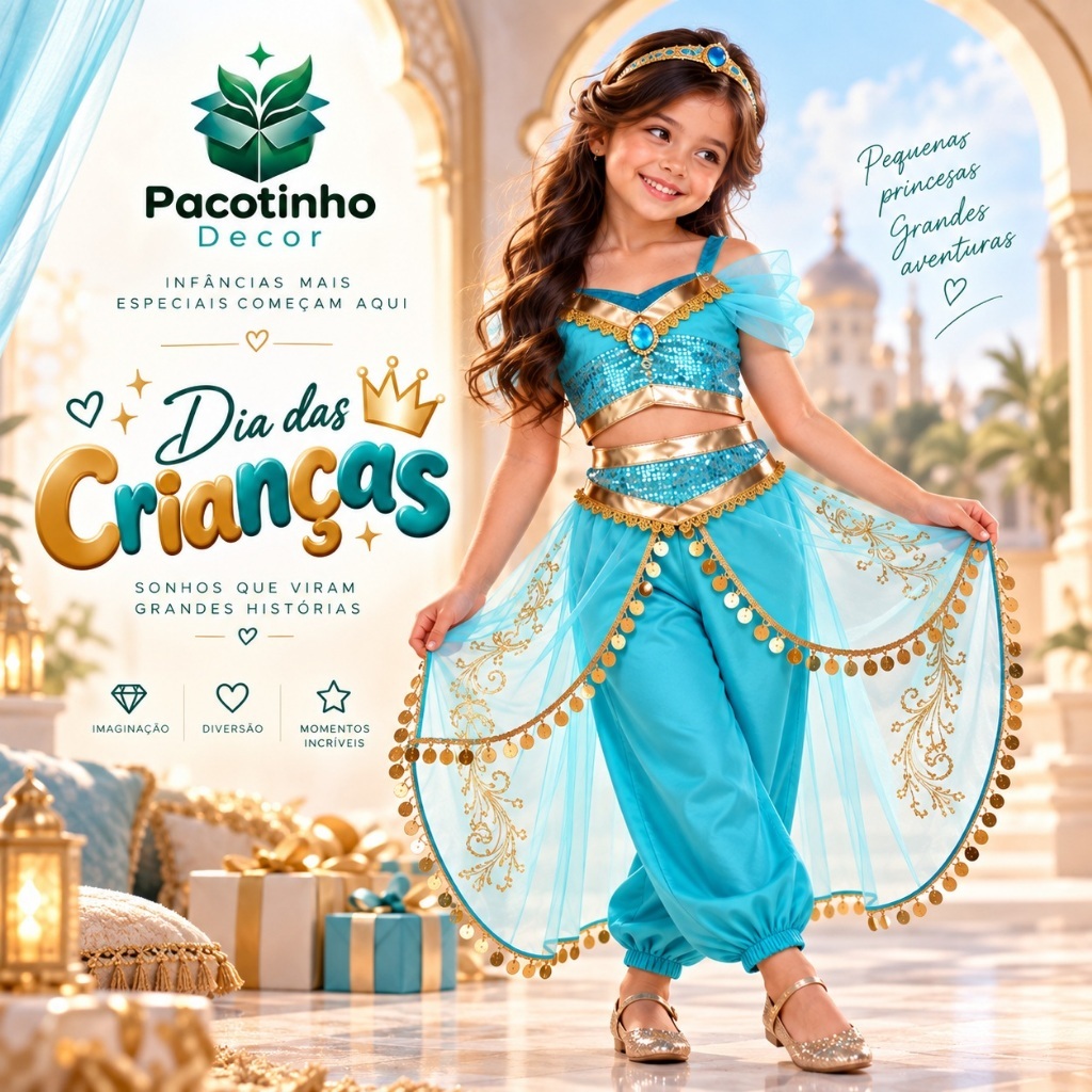 Fantasia Infantil Jasmine Festas, Eventos e Cosplay Vestido Luxo Com Qualidade Premium