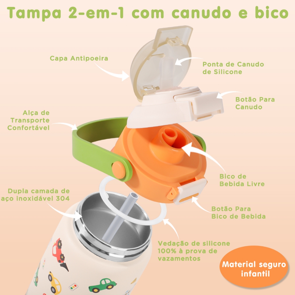 MODUS Garrafa Térmica Infantil 350ml de Aço Inoxidável com Parede Dupla e Canudo — imagem 2 de 2