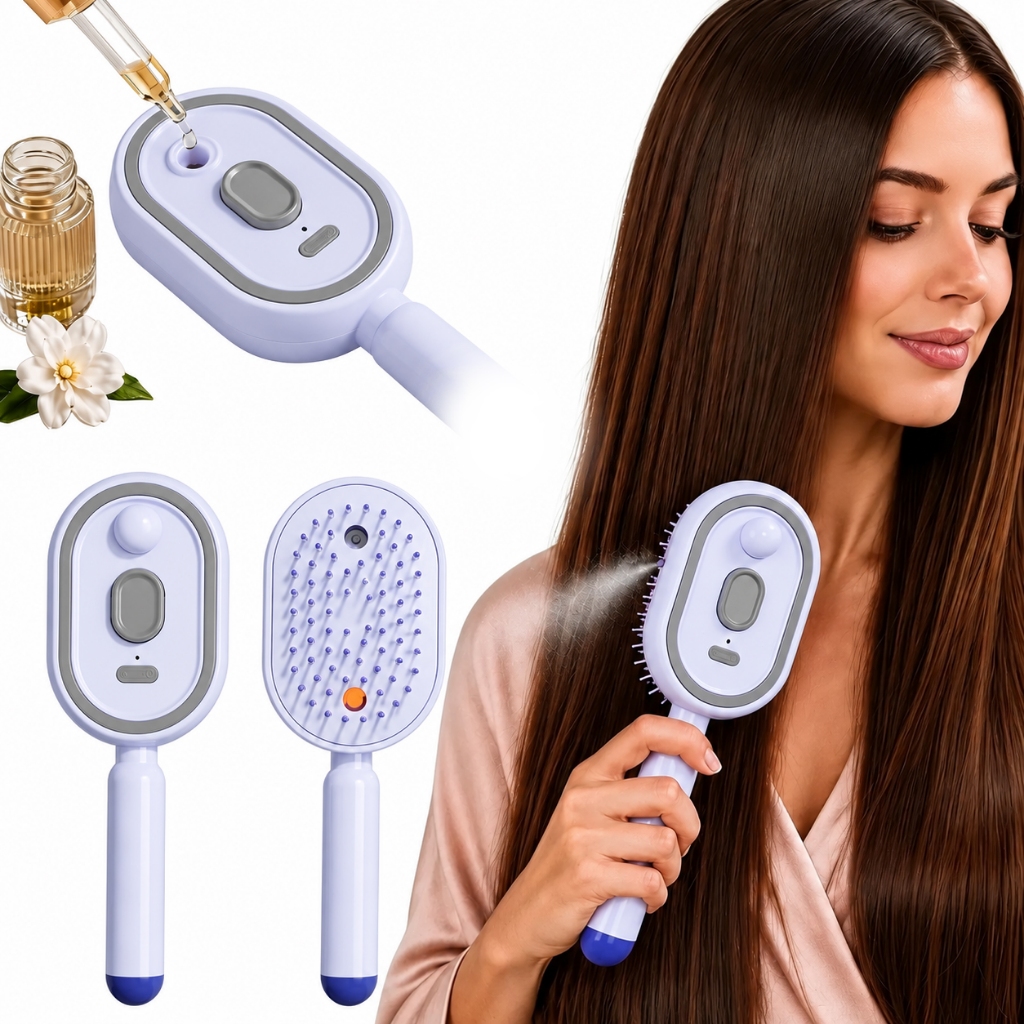 Escova Elétrica para Cabelo com Spray de Vapor e Pente de Massagem Almofada Capilar Alisador Tecnológico Névoa Nano
