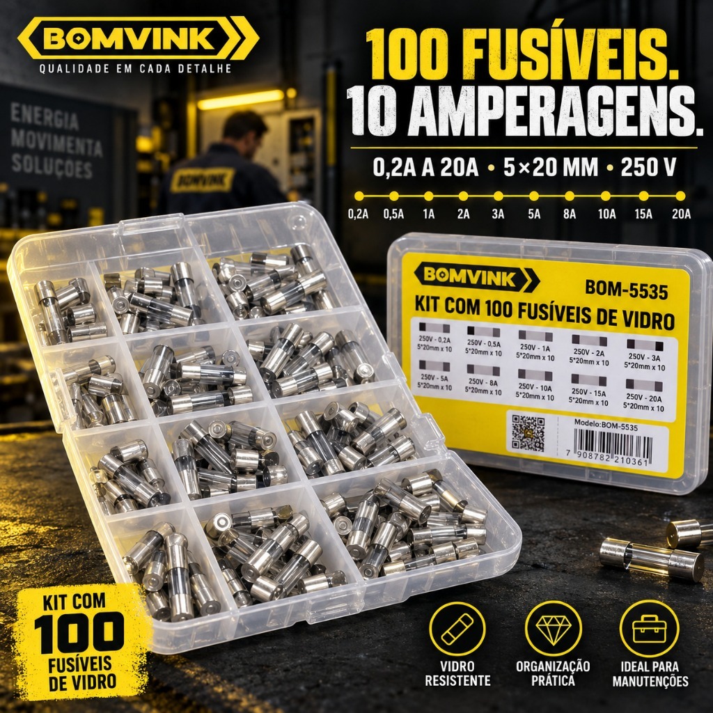 Kit Fusivel de Vidro 100 Pecas Bomvink 5x20mm 250V Bancada Eletronica