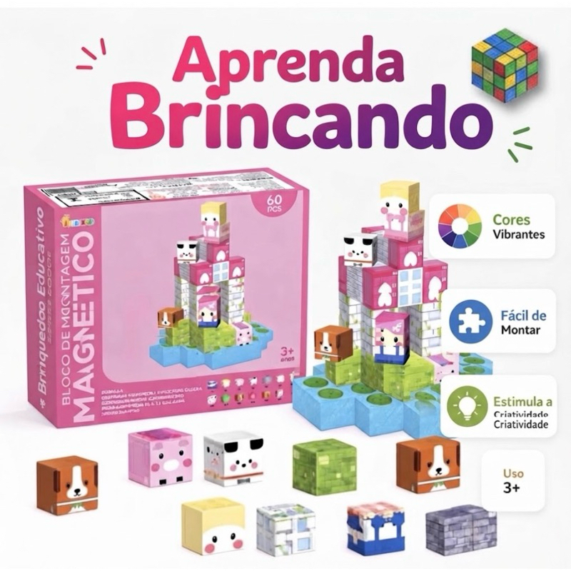 Blocos Magnéticos 60 Construção Infantil Educativo Encaixe Magnético Tipo Minecraft