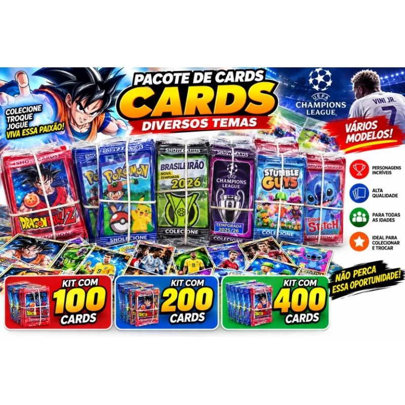 Kit 100/200/400 Cards Figurinhas Para Bater Bafo Trocar Cartas Variados Lembracinha de aniversario
