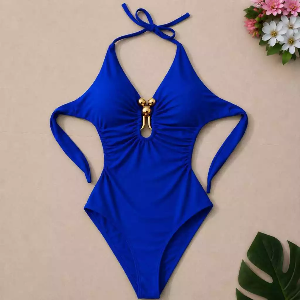Maiô Feminino com Argola Dourada Decote Frente Única Desfarça Barriga Moda Praia Verão elegante — imagem 1
