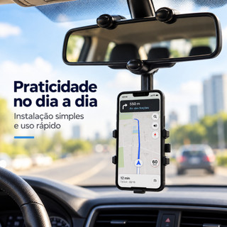 Suporte para Celular Smartphone com Apoio no Retrovisor Extensível Giro 360º