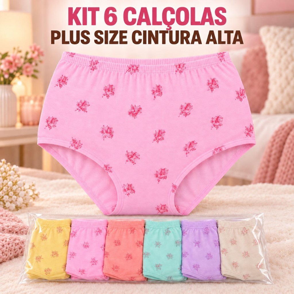Kit 6 Calçolas Plus Size Cintura Alta Algodão Estampado Modelo Senhora Confortável