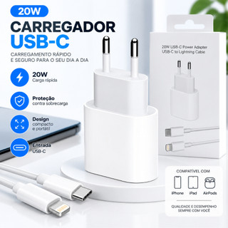 Carregador Rápido 20W com Cabo Tipo-C para Lightning Fonte USB-C Bivolt