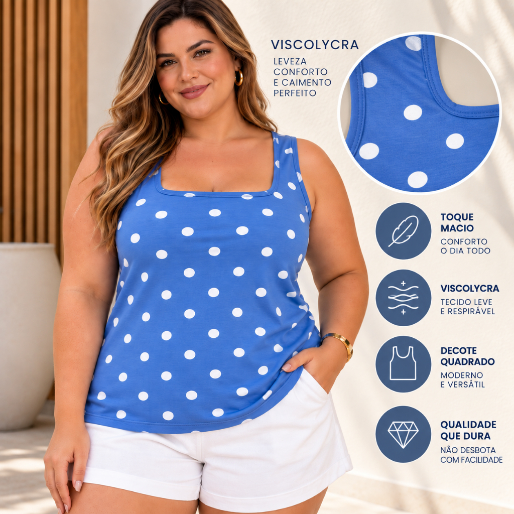 Blusa Regata Plus Size Poá Feminina Viscolycra Decote Quadrado Alça Larga Soltinha Casual Confortável Verão Tamanho Moda — imagem 2 de 2