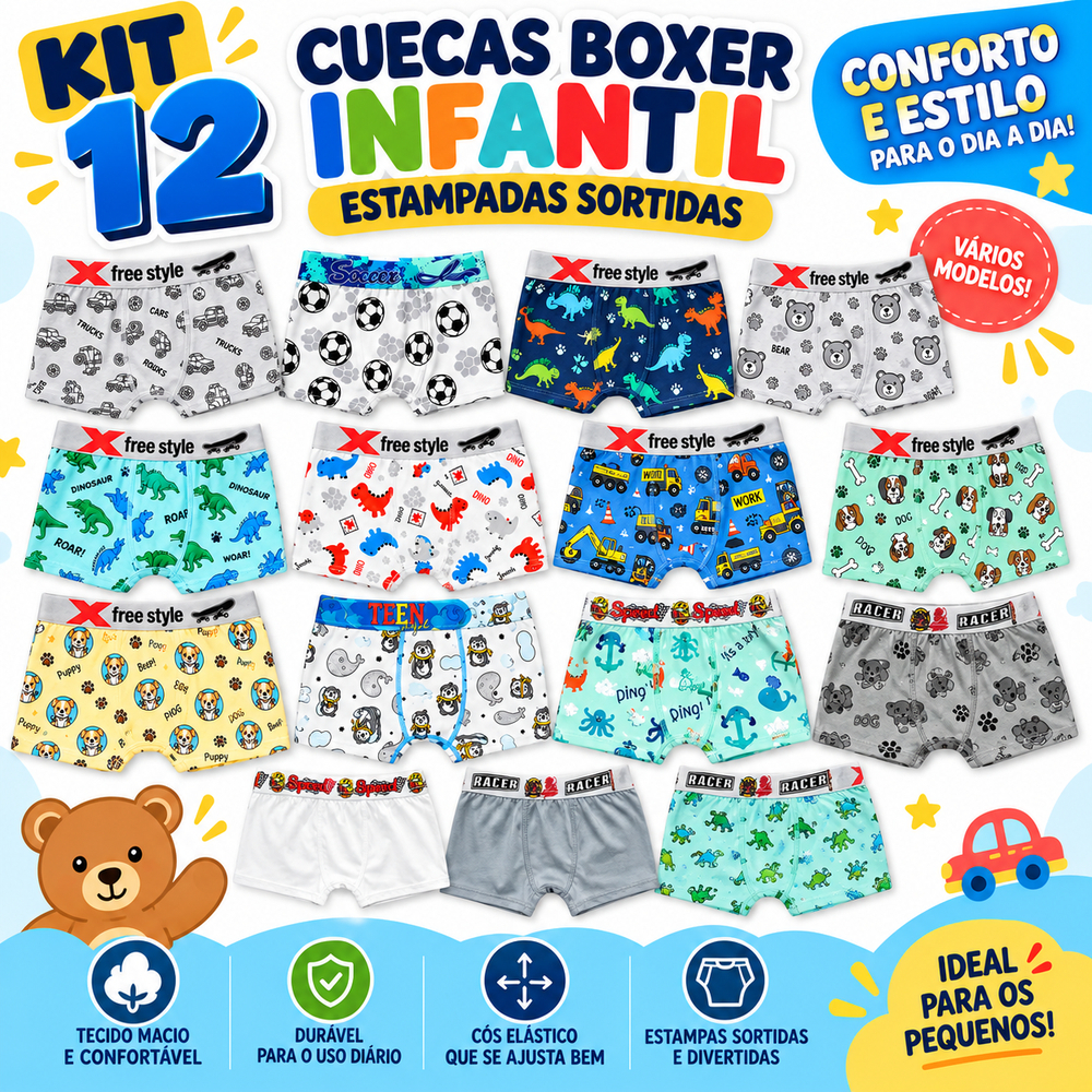 Kit 12 Cuecas Boxer Infantil De 02 a 10 Anos Juvenil Microfibra