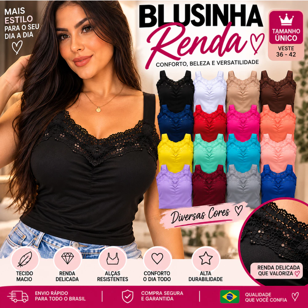 Kit 5 Blusinhas de Renda Feminina – Bojo, Alcinha e Estilo Romântico — imagem 1