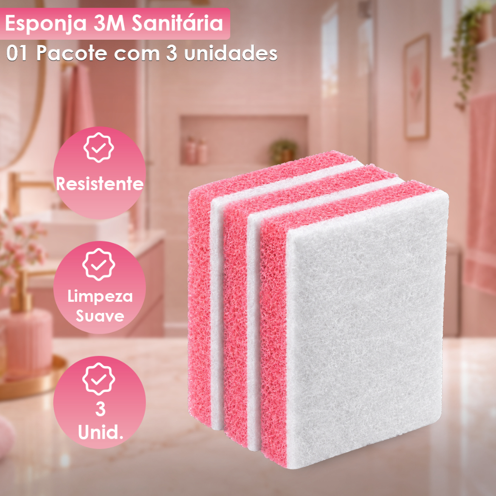 Bucha Esponja Sanitária Dupla Face Scotch Brite 3M Kit 3 Unidades Limpa Box Vidro Piso — imagem 2 de 2