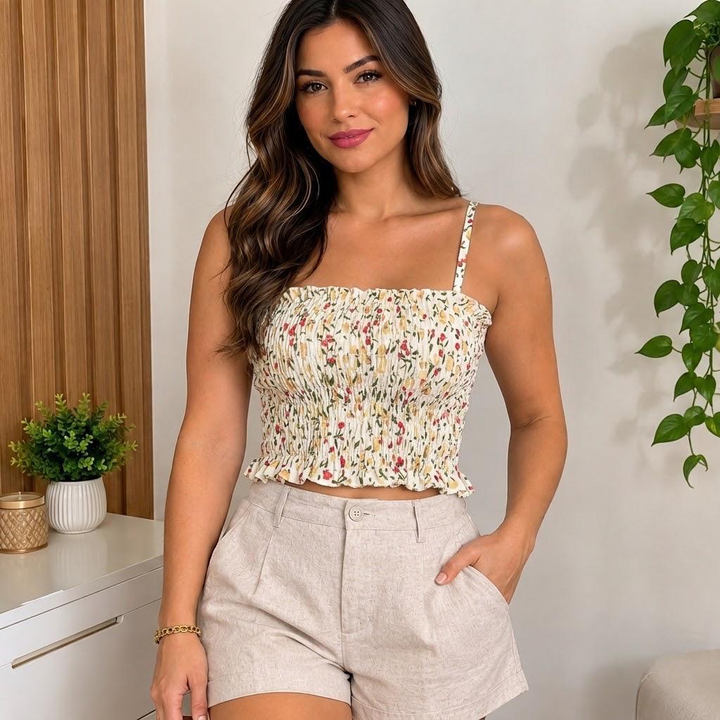 Blusa Feminina Irís Cropped Alcinha  regulável em Elastéx Moda Casual Confortável e Versátil para Primavera/Verão 2026