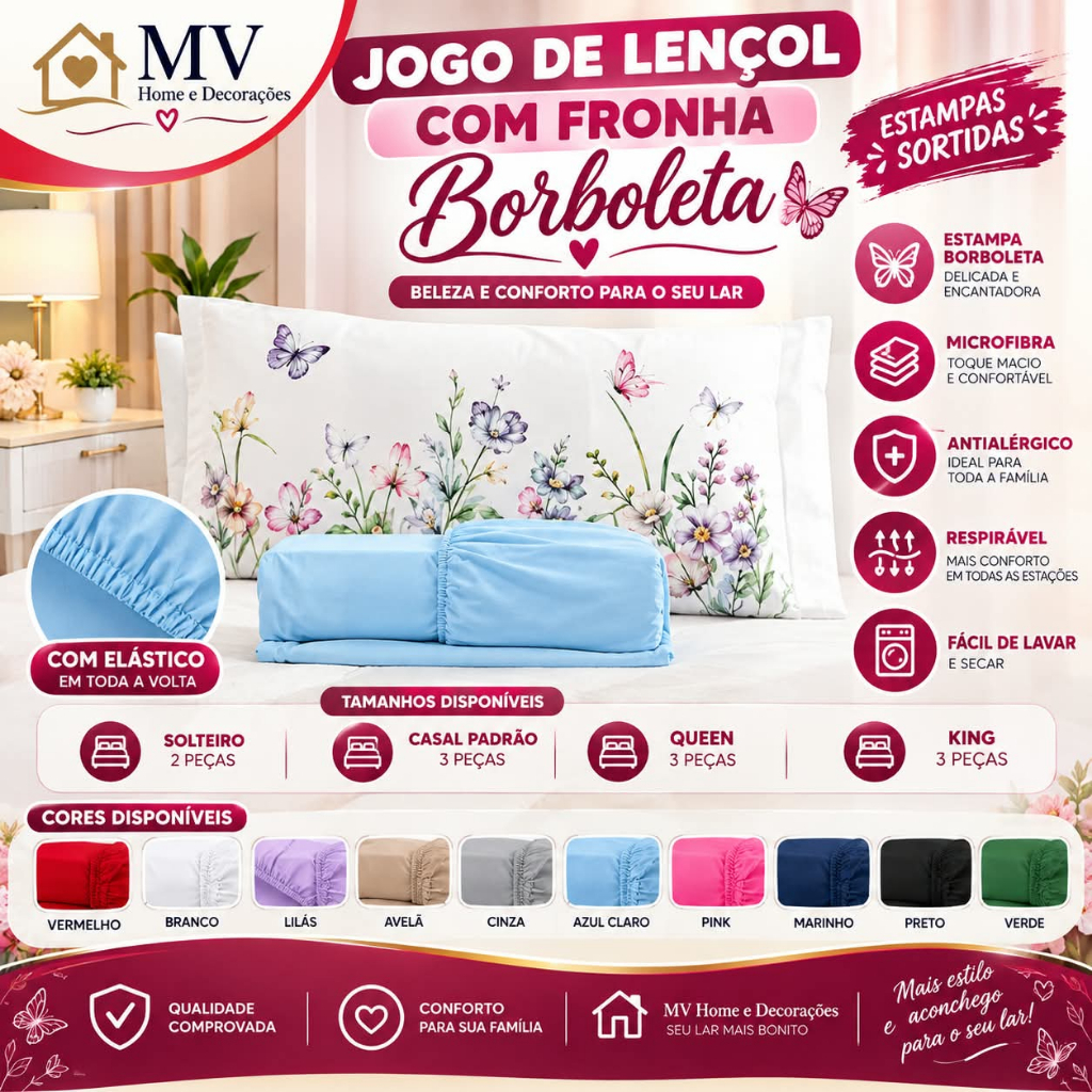 Kit Jogo de Lençol Micropercal 400 Fios Ponto Palito Fronha Estampada 10-CORES