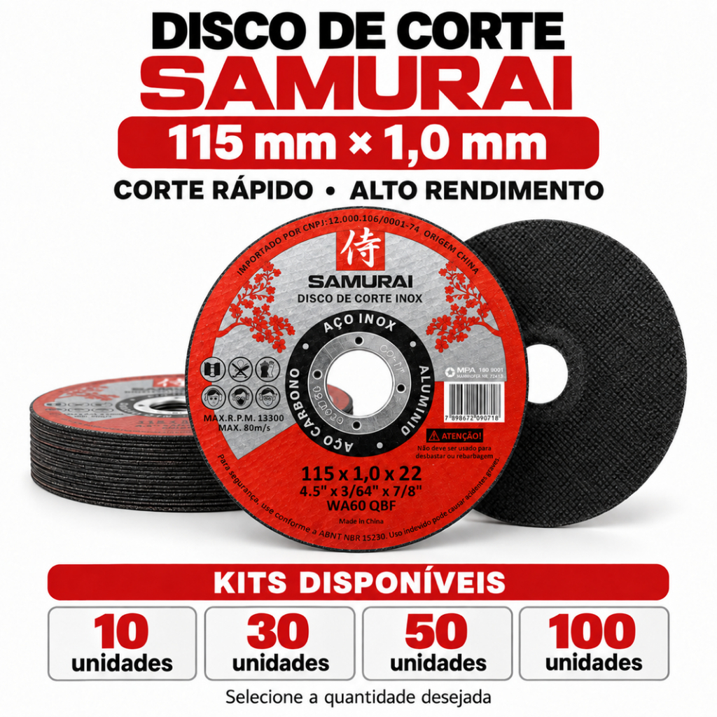 Kit 50 Discos Corte Aço Inox Fino 4.1/2 115x1,0x22 Samurai