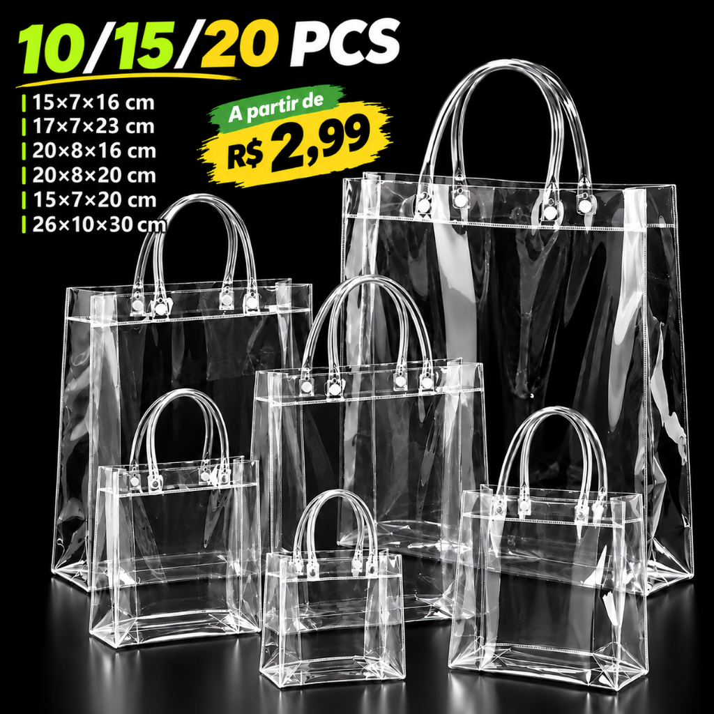10/15/20 Sacos de Presente PVC Transparente com Alças Reutilizáveis para Dia dos Namorados Festa Junina Aniversário