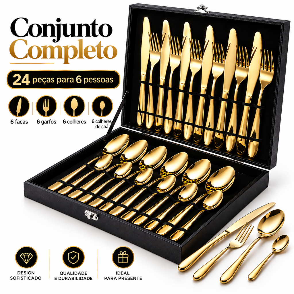 Jogo de Talheres Inox Dourado 24 Peças Para 6 Pessoas Kit Completo Garfo Faca Colher Mesa Posta Elegante Premium