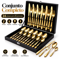 Jogo de Talheres Inox Dourado 24 Peças Para 6 Pessoas Kit Completo Garfo Faca Colher Mesa Posta Elegante Premium