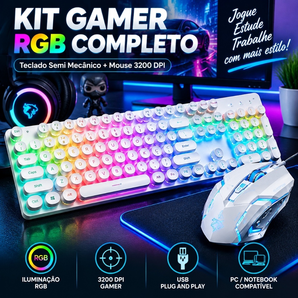 Kit Gamer Teclado Semi Mecânico RGB + Mouse 3200 DPI USB Iluminado para PC Notebook-H7