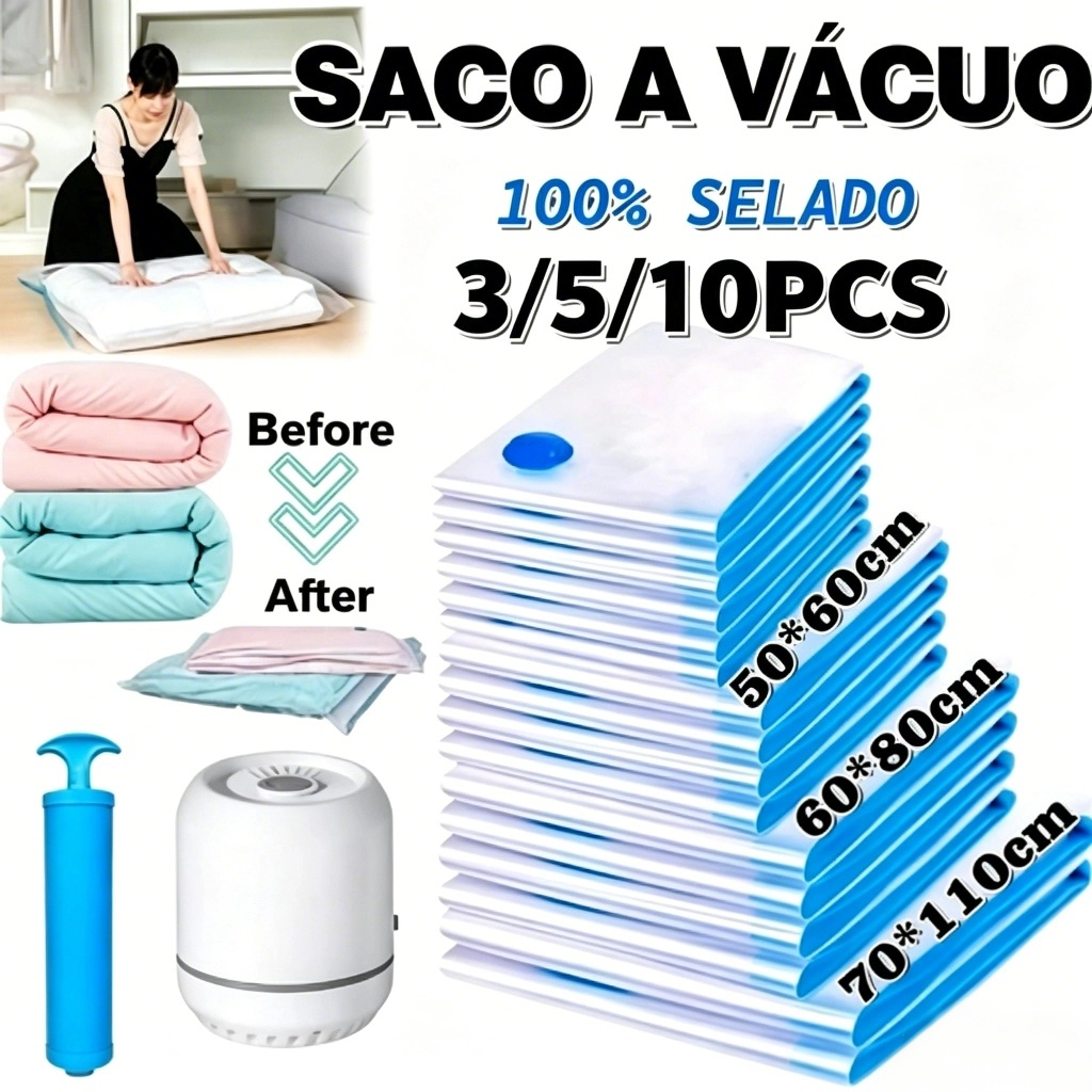 Kit 3/5/10 Sacos a Vácuo 50x60cm/60x80cm/70x100cm para Roupas com ou sem Bomba Guarda-Roupas e Viagem