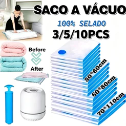 Kit 3/5/10 Sacos a Vácuo 50x60cm/60x80cm/70x100cm para Roupas com ou sem Bomba Guarda-Roupas e Viagem