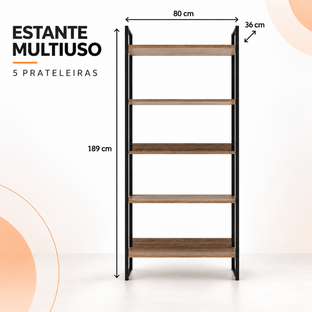 Estante Multiuso 189cm Rack Industrial 5 Prateleiras Escritório Quarto Organizador Premium Livreiro