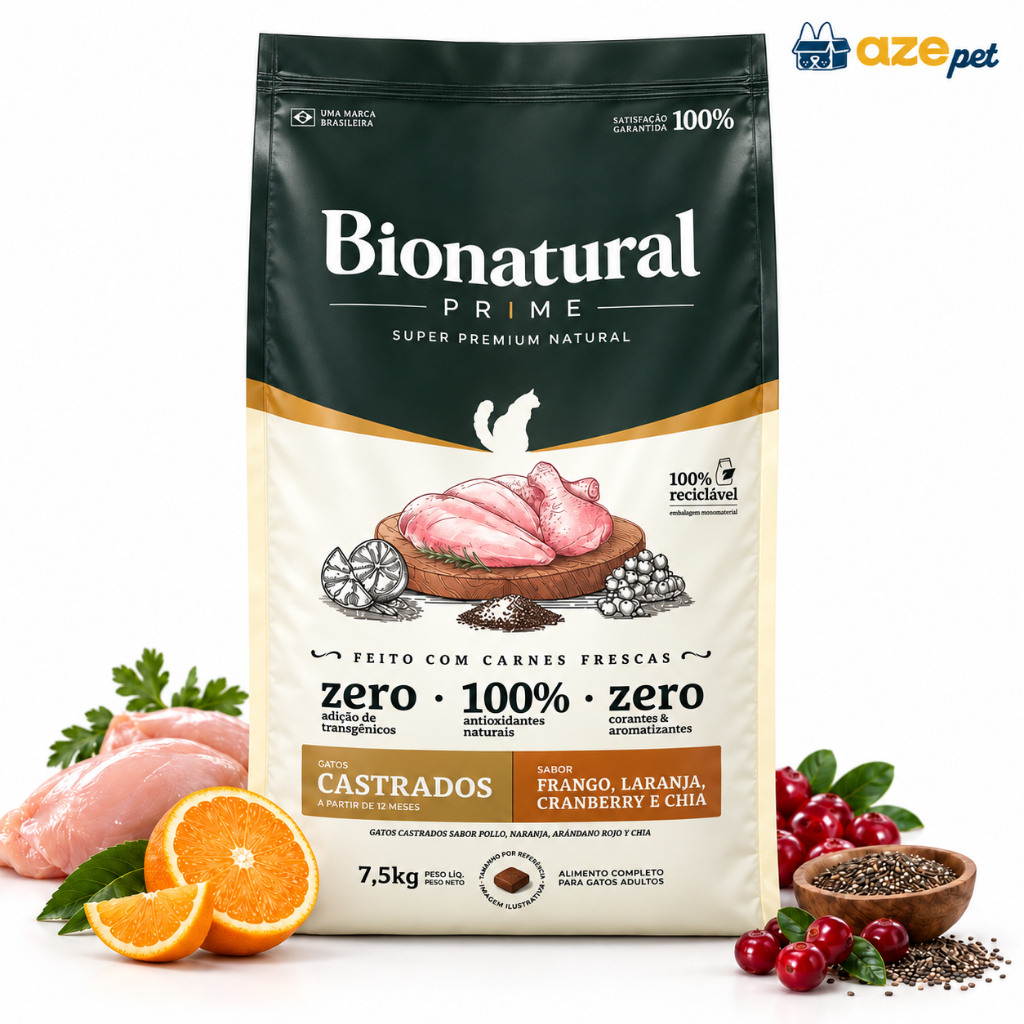 Ração Bionatural Prime Gatos Castrados Frango 7,5kg Super Premium Natural Sem Transgênicos e Sem Corantes Envio Imediato