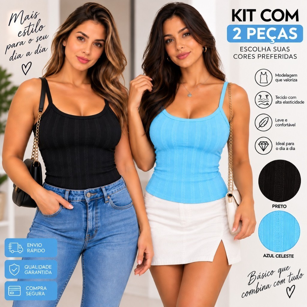 Kit 02 Regata blusa Feminina Canelada Ribana Premium com Bojo Alça Fina Alcinha Blusa Básica