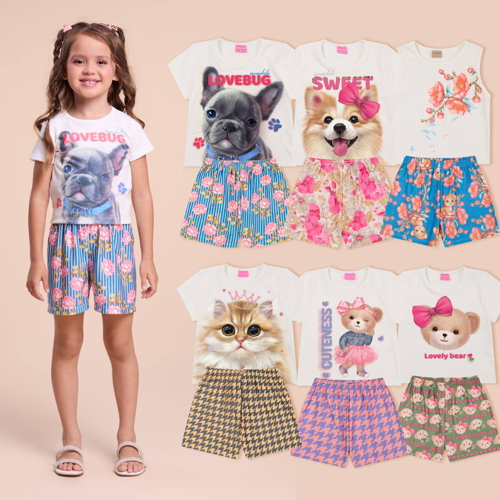 Kit Sortido 6 Peças de Roupas Infantil Menina 3 Camisetas + 3 Bermudas - Kit 3 Conjuntos Infantil Menina