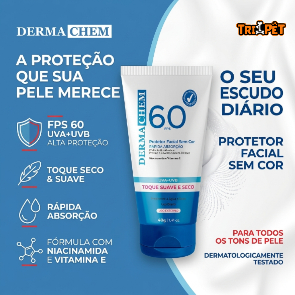 Protetor Solar FPS 60 Sem Cor Toque Seco Suave Super Hidratante Rejuvenescedor Dermachem Alta Proteção Rapida Absorção