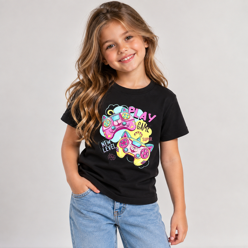 Camiseta Feminina Infantil Estampada Play Game Estilosa E Divertida Qualidade Premium