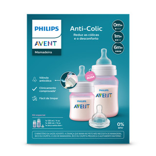 Kit Mamadeiras Anti-Colic - Rosa -125ml (0m+) + 260ml (1m+) + Bico Extra Nº 4 (6m+) - Philips Avent/SCY119/14