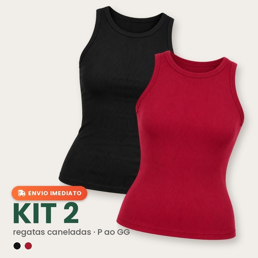 Kit 2 Blusas Feminina Regata Ribana Canelado Básica Casual Estilosa Tendência Justa Sem Manga Decote Redondo Caneladinho