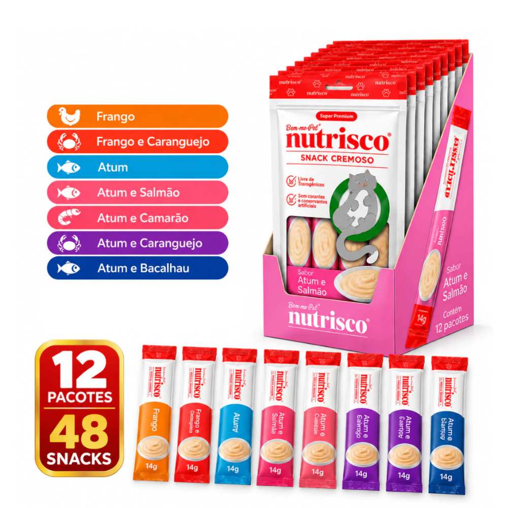 Petisco Snack Cremoso Nutrisco para Gatos 48 Unidades 12 Pacotes Sabores Frango, Atum e Salmão caranguejo vários sabores